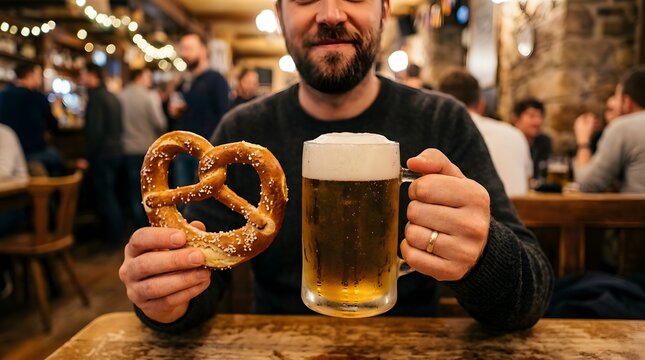 A man holds a large pretzel in one hand and a glass of beer in the other. He sits at a wooden table in a busy bar filled with other patrons during the evening