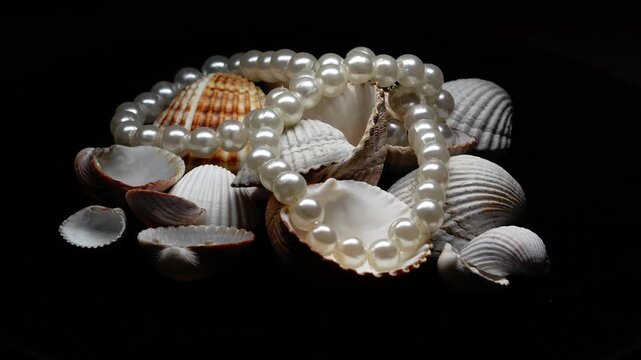 Pearl Necklace With Sea Shells Rotating 360 Degrees on Black Background &ndash; Luxury Marine Jewellery Video