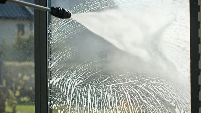 High pressure nozzle cleaning glass window with soapy foam