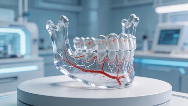 Transparent 3D anatomical model of human jaw illustrating dental nerves and vascular system