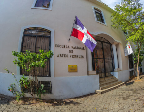 SANTO DOMINGO, DOMINICAN REPUBLIC - MARCH 13, 2020: The National School of Visual Arts (ENAV). It opened on August 19, 1942 and is located on Calle El Conde, in the Colonial City of Santo Domingo.