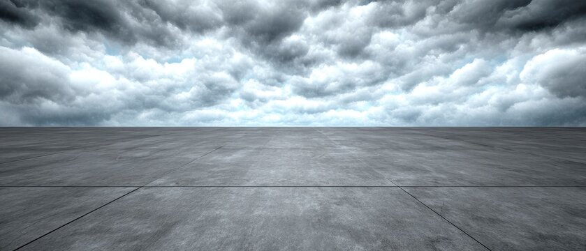 Empty Concrete Landscape Under Dramatic Overcast Sky with Gray Clouds and Horizon in Perspective