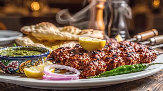 Hot grilled beef kebabs with flatbread and dip on plate