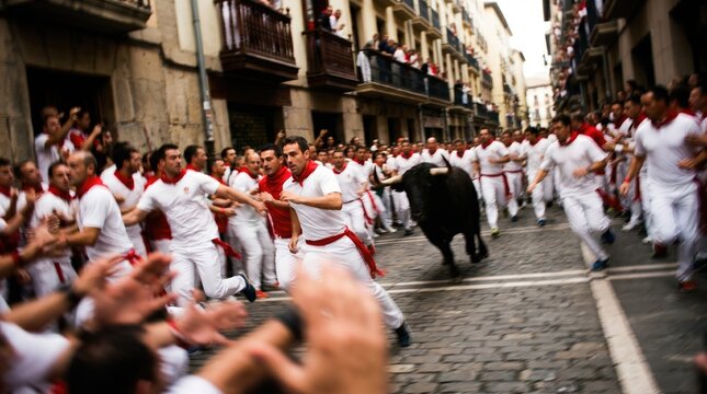 Spanish Culture San Fermin Festival with Brave Men Running Along Cobblestone Street