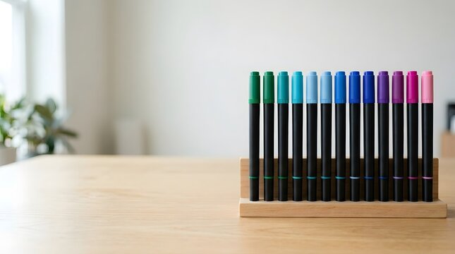 A set of colorful marker pens is placed on a wooden tray on a table. The room is bright with natural light coming through the window. The markers are in different colors