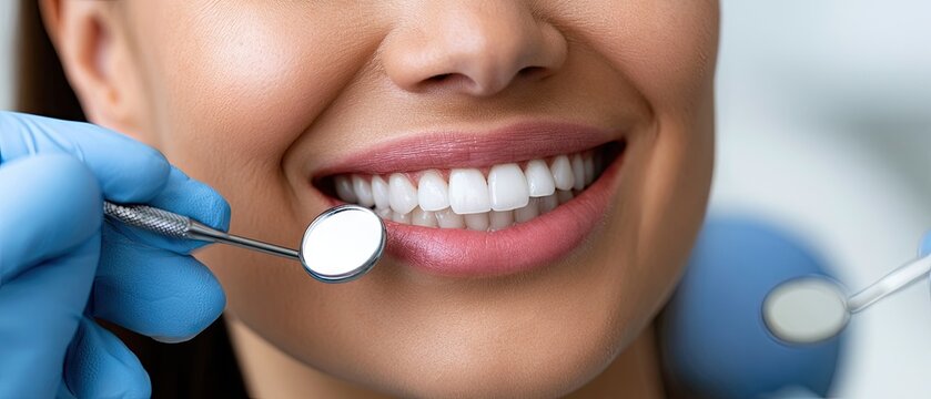 Close up dental examination showing a patient's healthy teeth and gums with a dental mirror being used in a studio setting with soft lighting