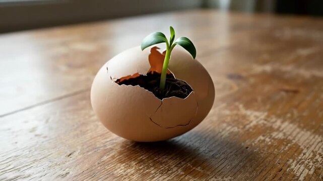 Seed emerges from cracked eggshell on wooden table. Natural setting with wooden surface reflects growth process. Concept of gardening, agriculture, eco-friendly practices