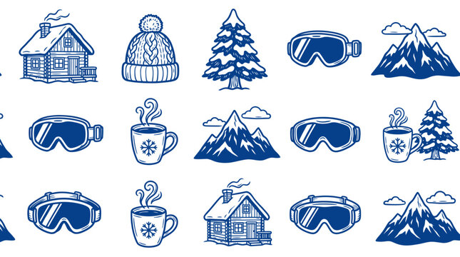 Winter Elements and Ski Resort Blue Silhouette Icons Seamless Pattern on Isolated White Background