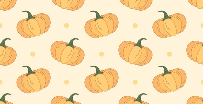 Cute hand drawn pumpkin seamless pattern. Autumn harvest background for kids fabric and nursery decor. Sweet orange pumpkins doodle print in flat style.