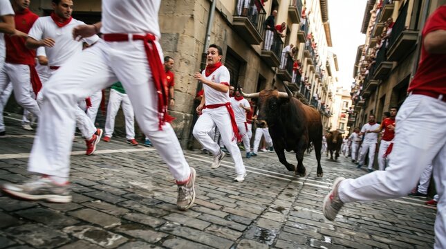 Spanish Culture San Fermin Festival with Brave Men Running Along Cobblestone Street