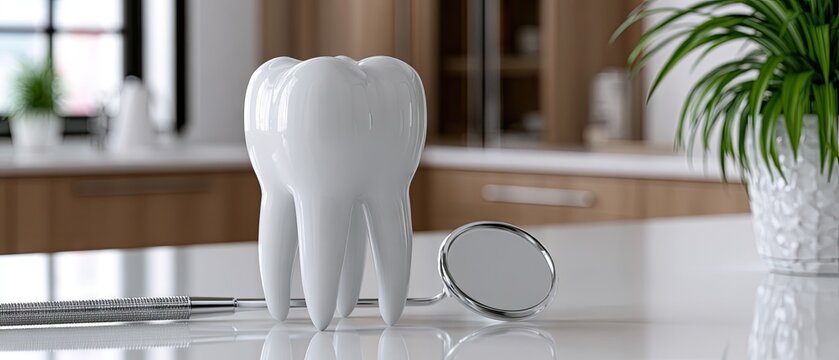 Dental composition features a large white molar tooth replica and a silver dental mirror on a reflective countertop in a dental office setting