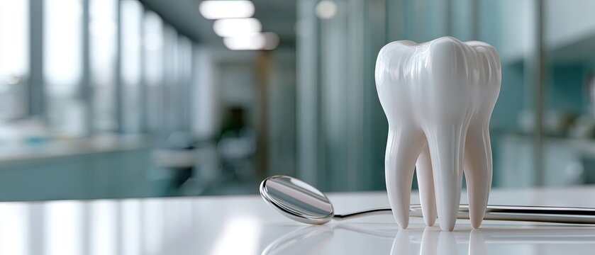 Dental still life with white molar tooth replica and silver dental mirror in a dental office setting