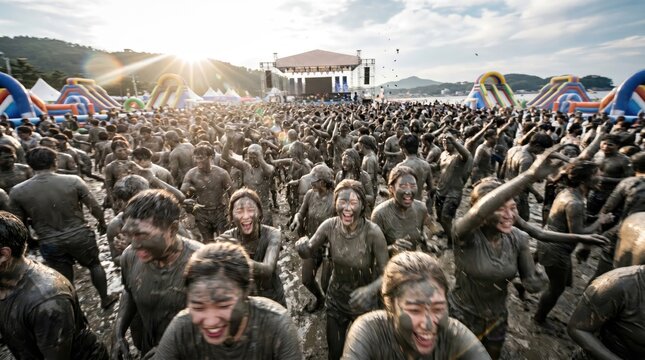 Cheerful People Covered in Mud Celebrating at Boryeong Mud Festival in South Korea