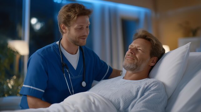 Night-shift caregiver replacing saline drip beside sleeping veteran patient, only blue monitor light illuminating both faces, stethoscope still around neck, fatigue visible in posture, ideal for