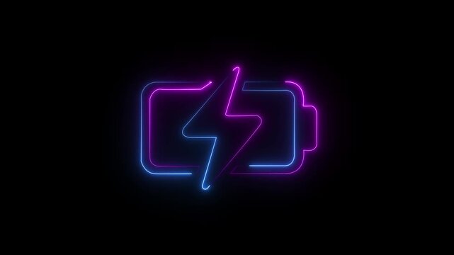Bright neon electric battery icon power baton icon black background motion animation 4k video...