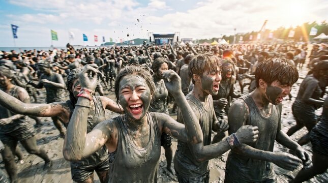 Cheerful People Covered in Mud Celebrating at Boryeong Mud Festival in South Korea