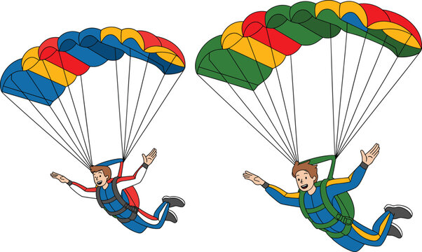Skydiving vector illustration showing two skydivers gliding down with bright colorful open parachutes on white