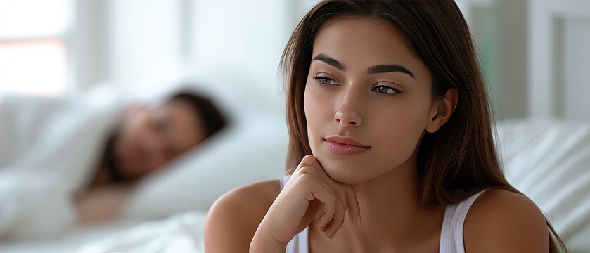 Young woman sits on white bedspread in bright bedroom, lost in thought while a man sleeps in the background