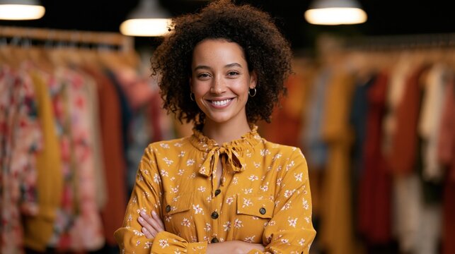 Smiling woman with natural curls standing with arms crossed in a boutique
