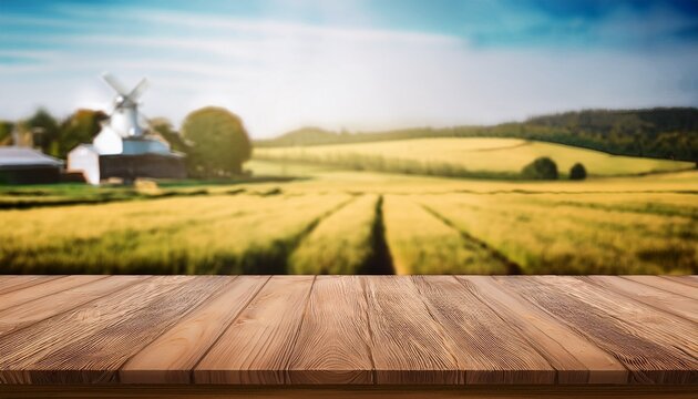 Wooden Table Over Blur Farm Background Product Display Montage Product Placement For Product Display