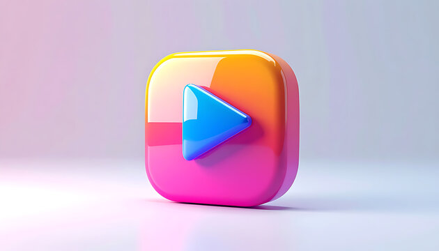 Glossy rounded square icon with blue play button, digital media symbol, vibrant gradient colors, smooth surface, studio lighting