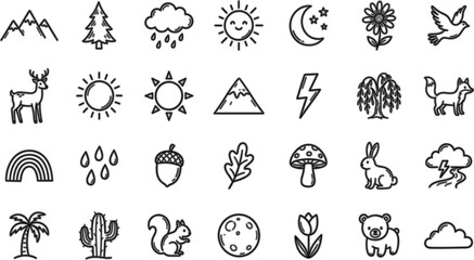 Fototapeta premium Nature Doodle Icon Set Featuring Mountains, Trees, Sun, Moon, Animals, Weather, and Botanical Elements for Outdoor Adventure Design Projects