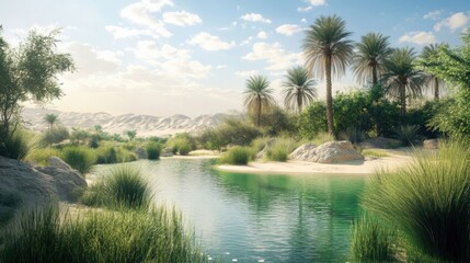 A beautiful green oasis in a desert, symbolizing the rejuvenating effects of health in the most unexpected places