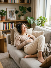 Obraz premium Woman relaxing on sofa with headphones