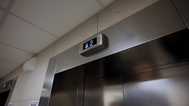 Polished stainless steel elevator doors show glowing digital floor indicator. Metallic surfaces reflect minimalist office corridor lighting