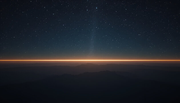 Sunrise or sunset in space with stars and orange glow on the horizon in the darkness of the universe