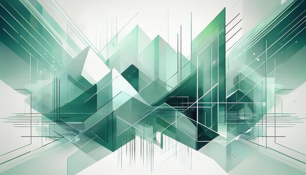 abstract visual of business strategy overlapping transparent geometric planes moving through a digital data stream representing complexity and breakthrough clean white and subtle green gradients