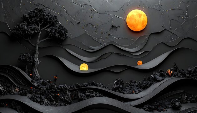 Textured art dark hills, lone tree, and bright orbs under a glowing moon