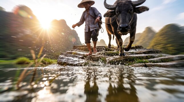 Asian Farmer Walking Water Buffalo Across Ancient Stone Arch Bridge at Sunset
