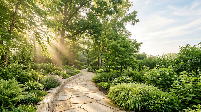A serene garden path bathed in ethereal sunlight rays, showcasing lush greenery and stone paving