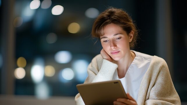 Digital therapeutics app interface displayed on tablet held by tired night-shift nurse in break room, warm fluorescent lighting, prescription mental health software, clinical burnout prevention,