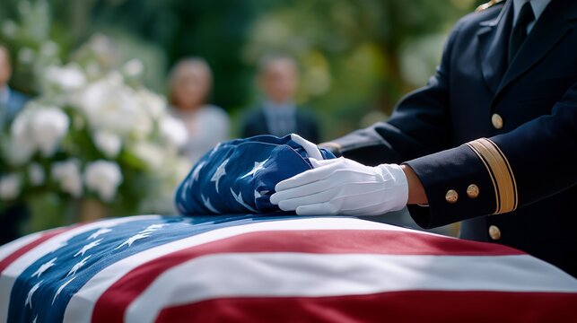 Military funeral honor guard folds flag with precise white-gloved hands, blurred mourners standing in background, representing Memorial Day military tribute, veteran burial ceremony, armed forces