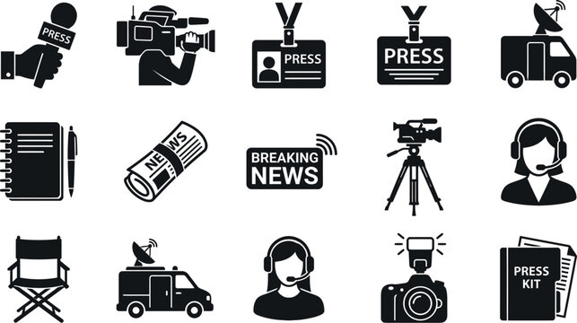 Journalism icons, news symbols, press kit vector graphics, 16 breaking news illustrations
