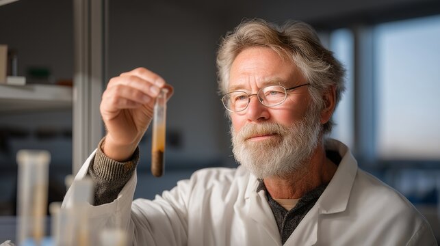 Oceanographer reviews sediment core sample extracted from ocean floor, holding long cylindrical tube of layered grey and rust sediment under bright lab lighting, representing climate history