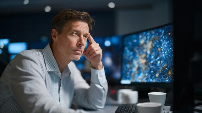 Astrophysics data analyst in observatory control room presses hand to temple studying star formation imagery at 4am, empty coffee cups beside keyboard, blue screen glow only light, representing