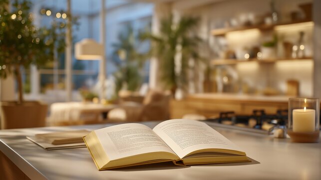 Short term rental welcome binder open on counter, house rules page visible, neighbor complaint letter tucked beneath, candlelit kitchen atmosphere, vacation rental host management tension, property