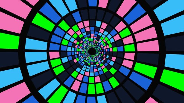 Colorful Rotating Tunnel with Vibrant Geometric Segments for VJ Background Loop and Disco Music Party Visuals