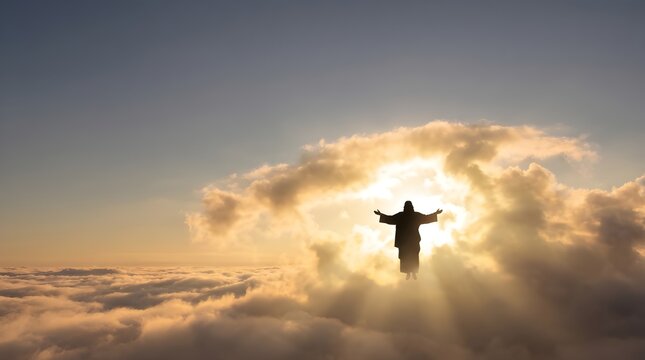 Ascension of Jesus Christ Above Heavenly Clouds with Dramatic Sky
