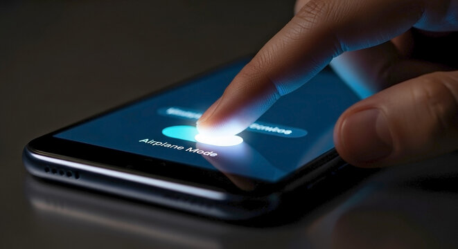 Finger pressing airplane mode toggle switch on smartphone screen. Disconnecting from network and travel preparation concept