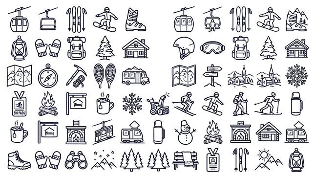 Extensive Winter Sport and Ski Resort Outline Icons Collection