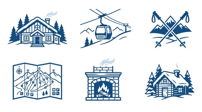 Ski Resort and Winter Landscape Blue Icons Set Including Cabin, Ski Lift, and Map
