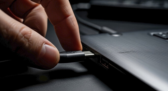 Close up of a hand plugging a USB cable into a laptop port. Digital connectivity and data transfer concept