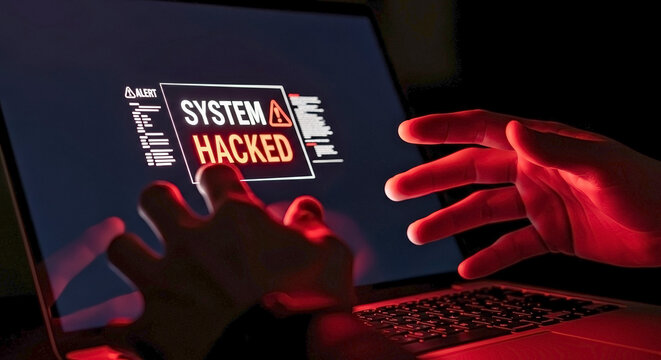Hands reacting in panic to a system hacked warning on a laptop screen. Cyber attack and data security breach concept in red light