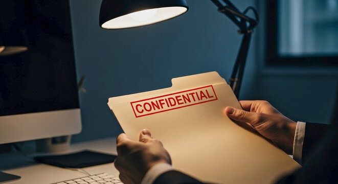 Businessman hands holding a confidential paper folder under a desk lamp. Handling sensitive corporate information and secret documents