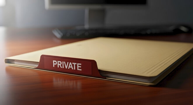 Closed manila folder labeled private on a wooden office desk. Sensitive business documents and data protection concept. Confidential information