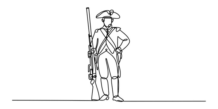 American revolutionary soldier holding a musket line drawing